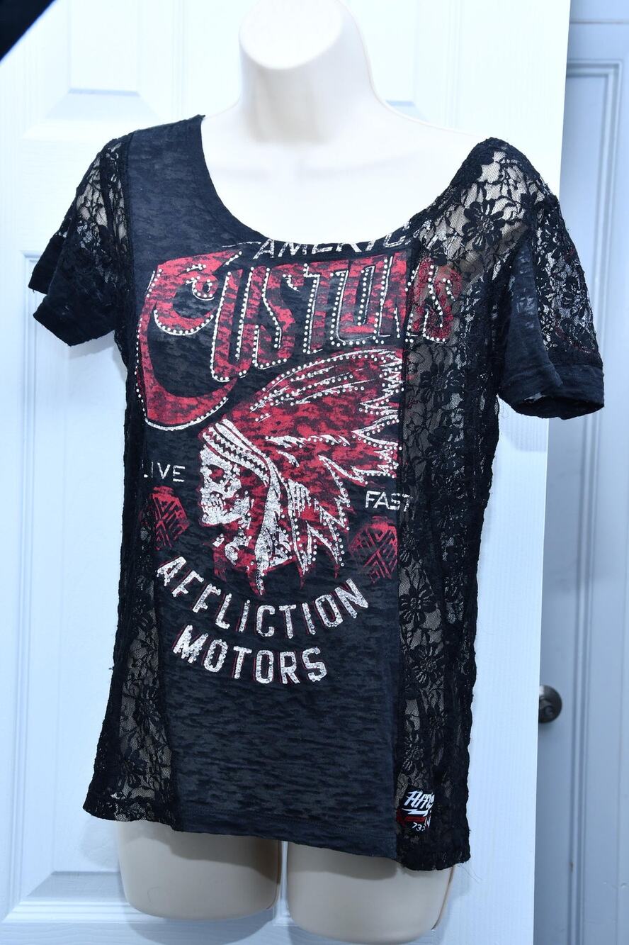 Affliction American Customs Top Womens XS Black Floral Lace Graphic T-Shirt Y2K